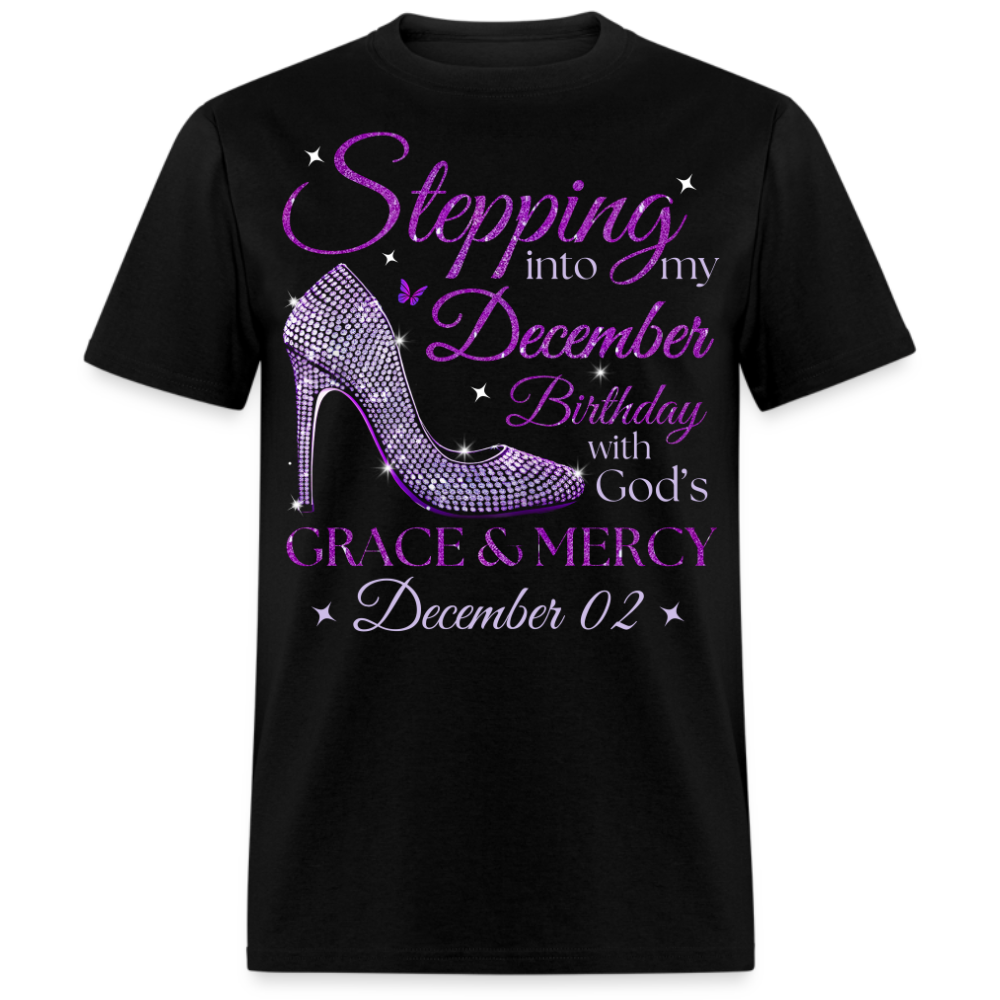 PURPLE STEPPING INTO MY DECEMBER 02 BDAY WITH GOD'S GRACE UNISEX SHIRT